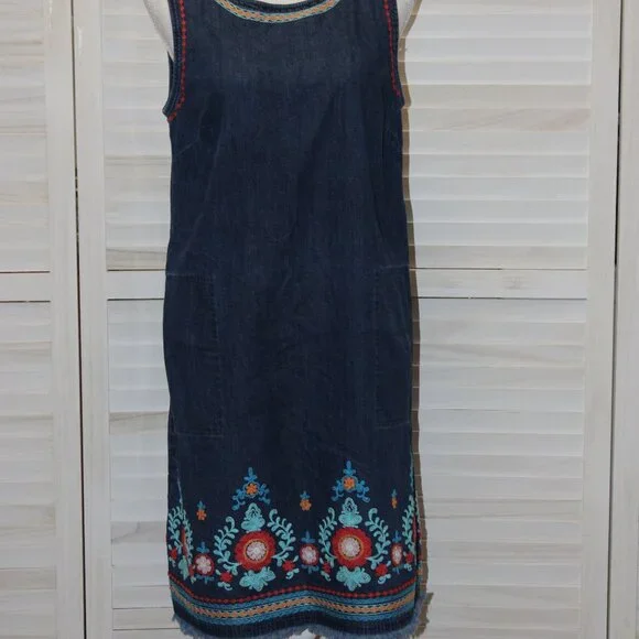 J Jill Denim Jumper Dress Frayed Hem Embroidery Size Small - Picture 2 of 7